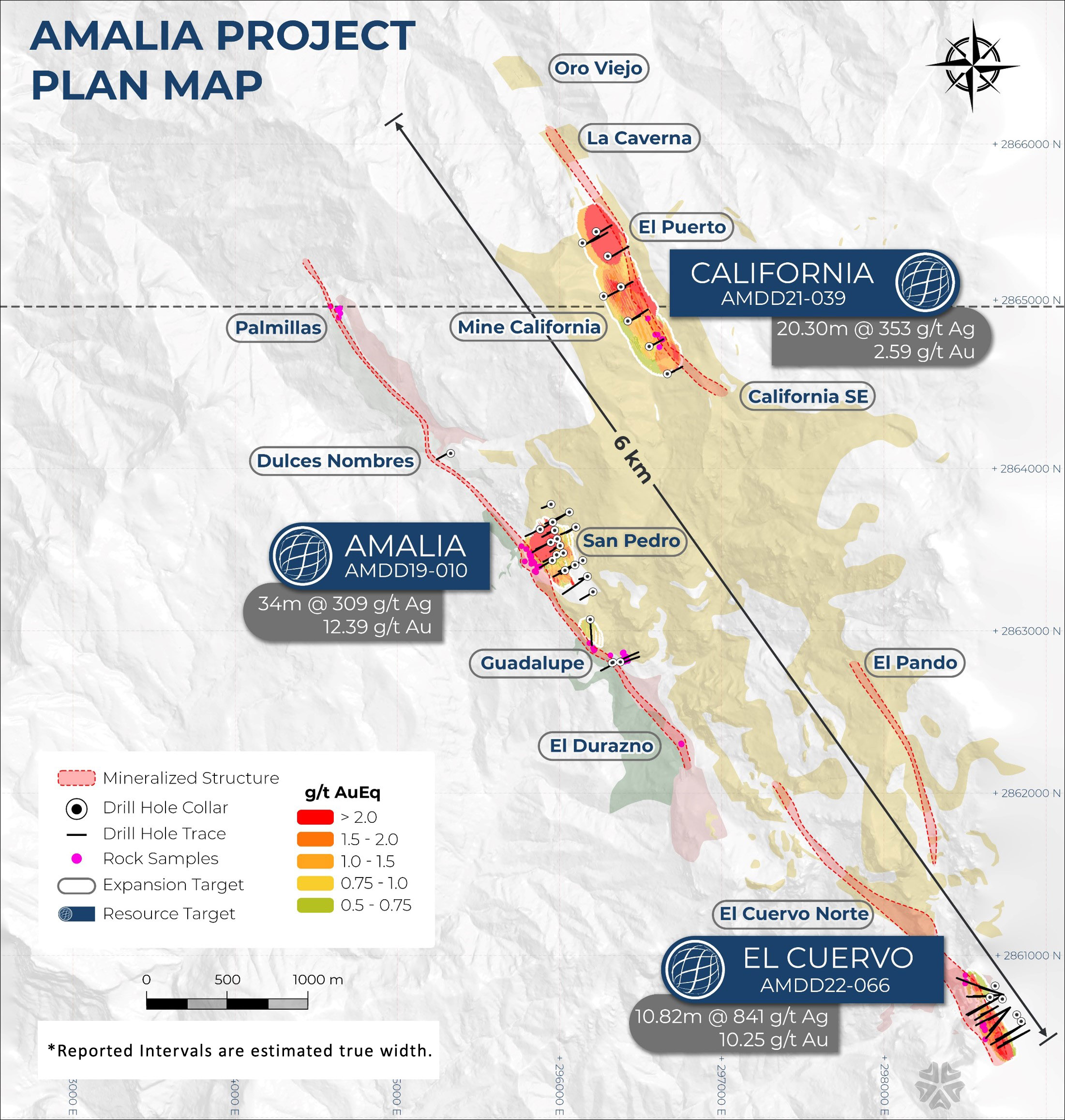 Amalia project plan map with Amalia, California and El Cuervo vein highlights